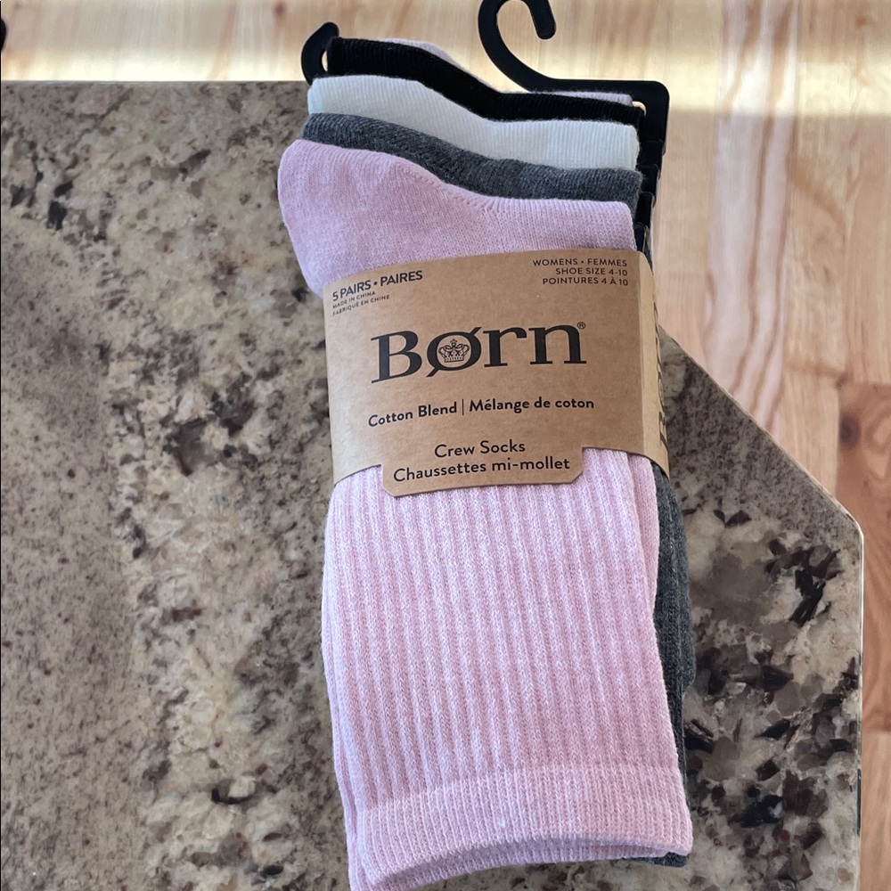 NWT 5 Pairs Born Cotton Blend Crew Socks - Pink, Gray, White & Black (5-Pack)
